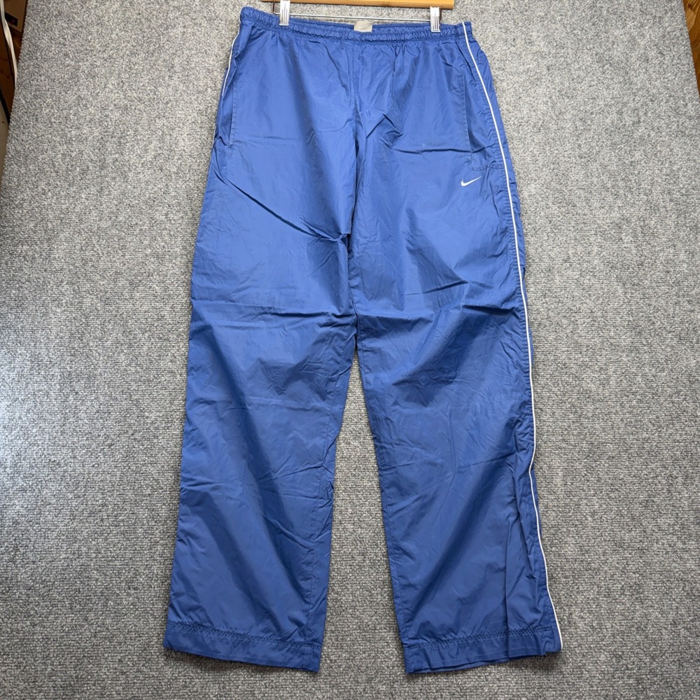 Nike Mens Blue Nylon Track Pants White Piping Large Vintage Style y2K baggy